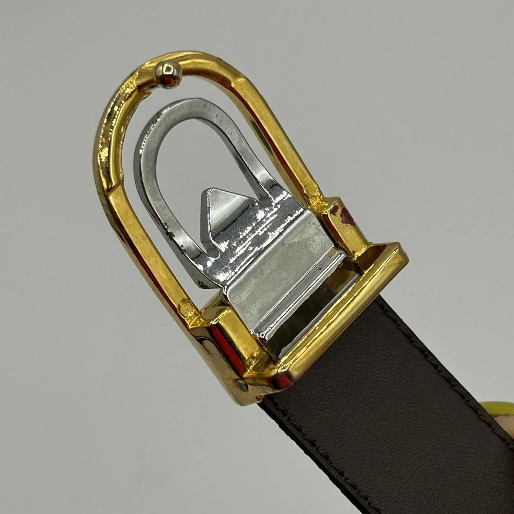 Mens Dark Brown Embossed Alligator Leather Belt Two-Tone Gold Silver Buckle 39.5